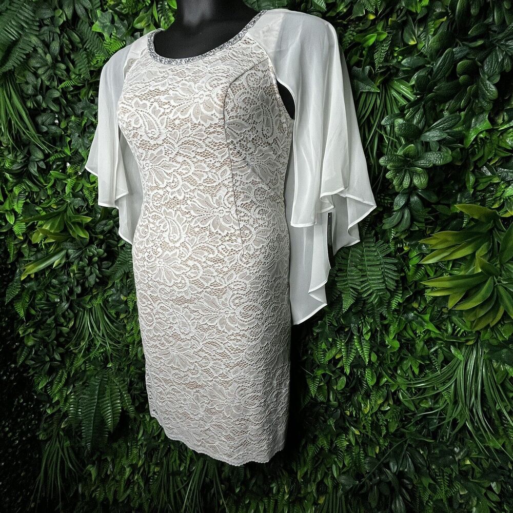 GLAMOUR Women Dress 6 White Dress Lace‎ Cape Sleeve Stone Neckline $80 NWT 0864